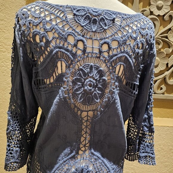 Taylor & Sage Woman's S Cotton Blue Crochet Lace Boho Top With 3/4 Sleeves - Picture 7 of 9